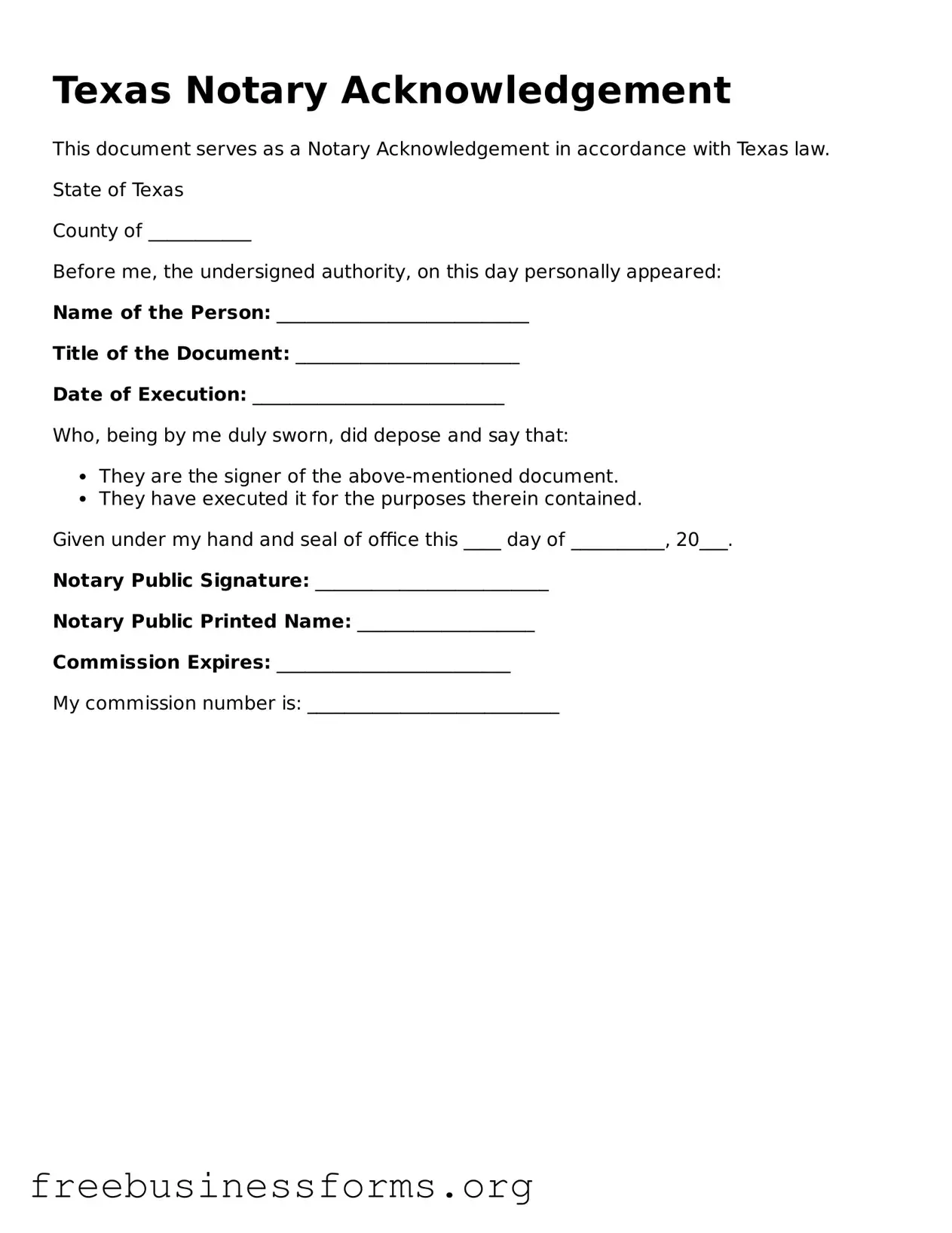 Blank Notary Acknowledgement Template for Texas