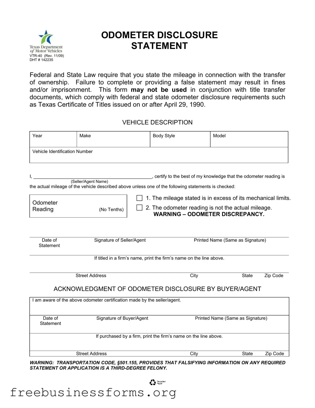 Official Texas Odometer Statement Form in PDF