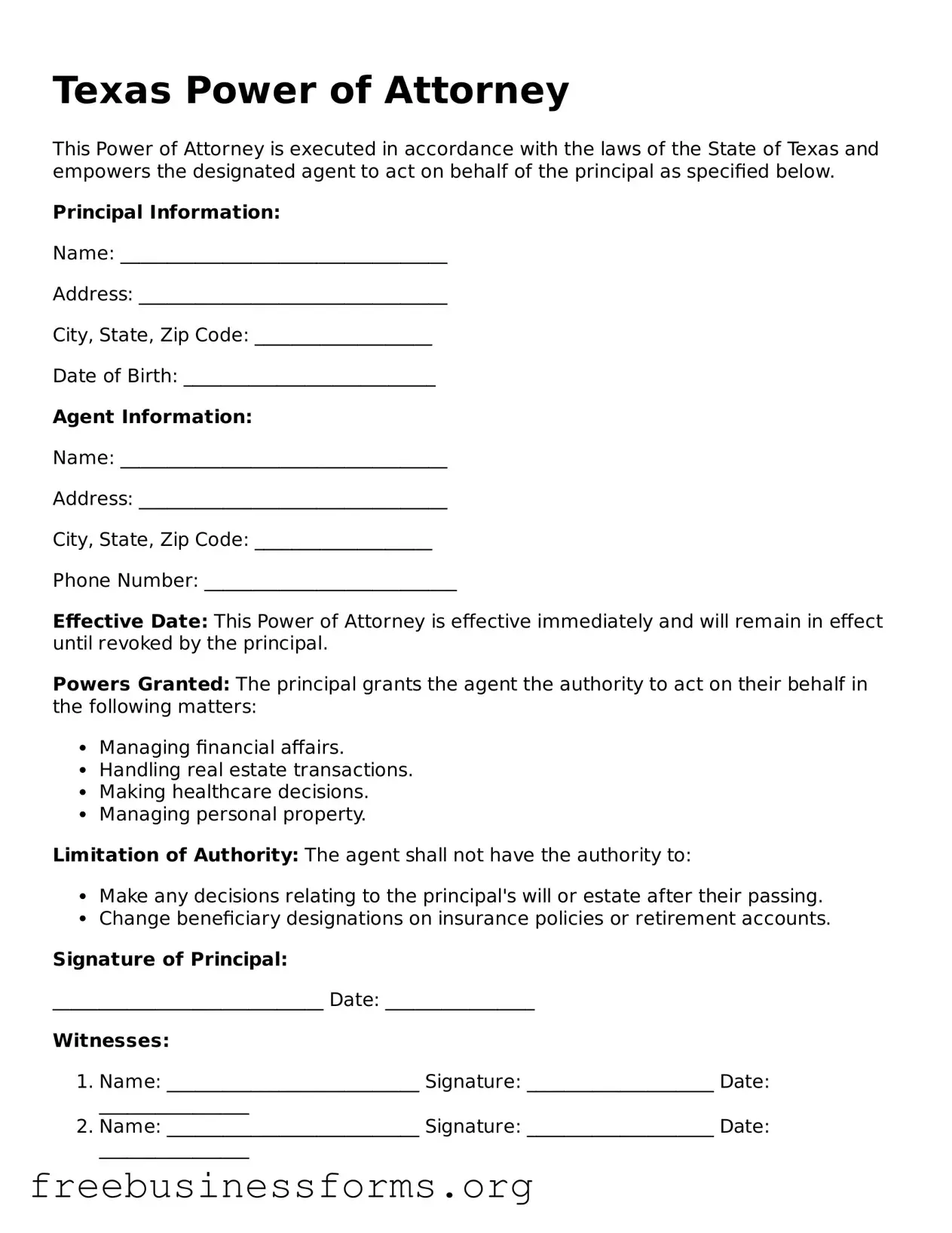 Blank  Power of Attorney Template for Texas