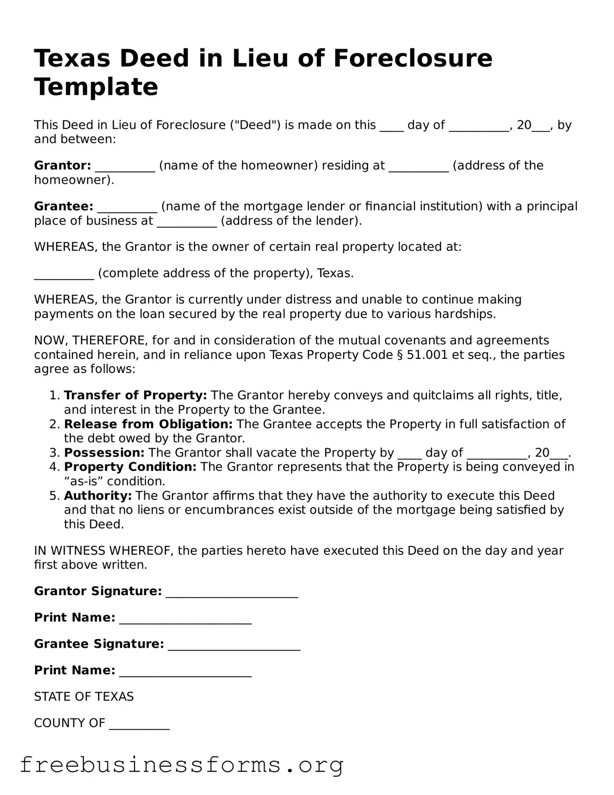Blank  Deed in Lieu of Foreclosure Template for Texas