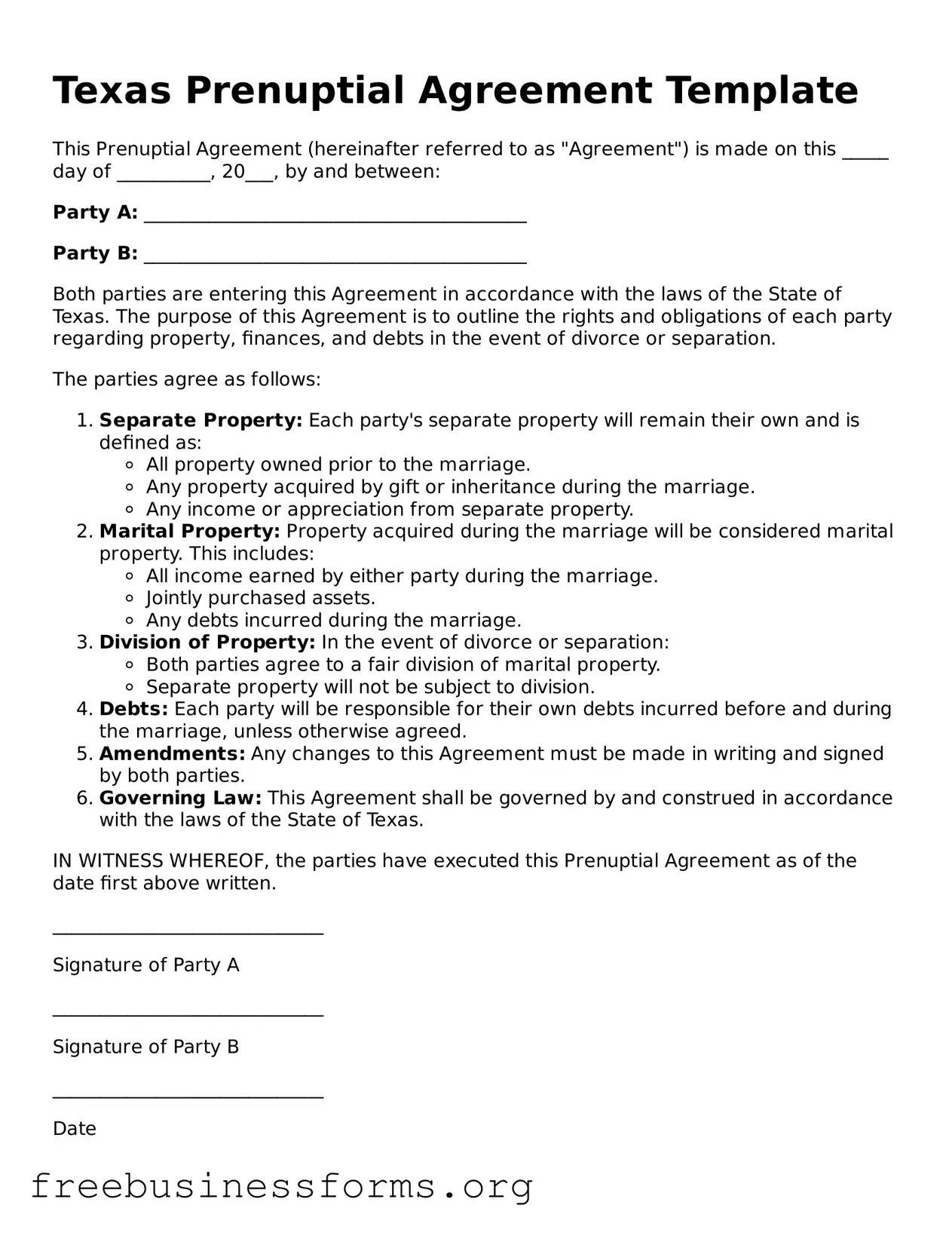 Blank  Prenuptial Agreement Template for Texas