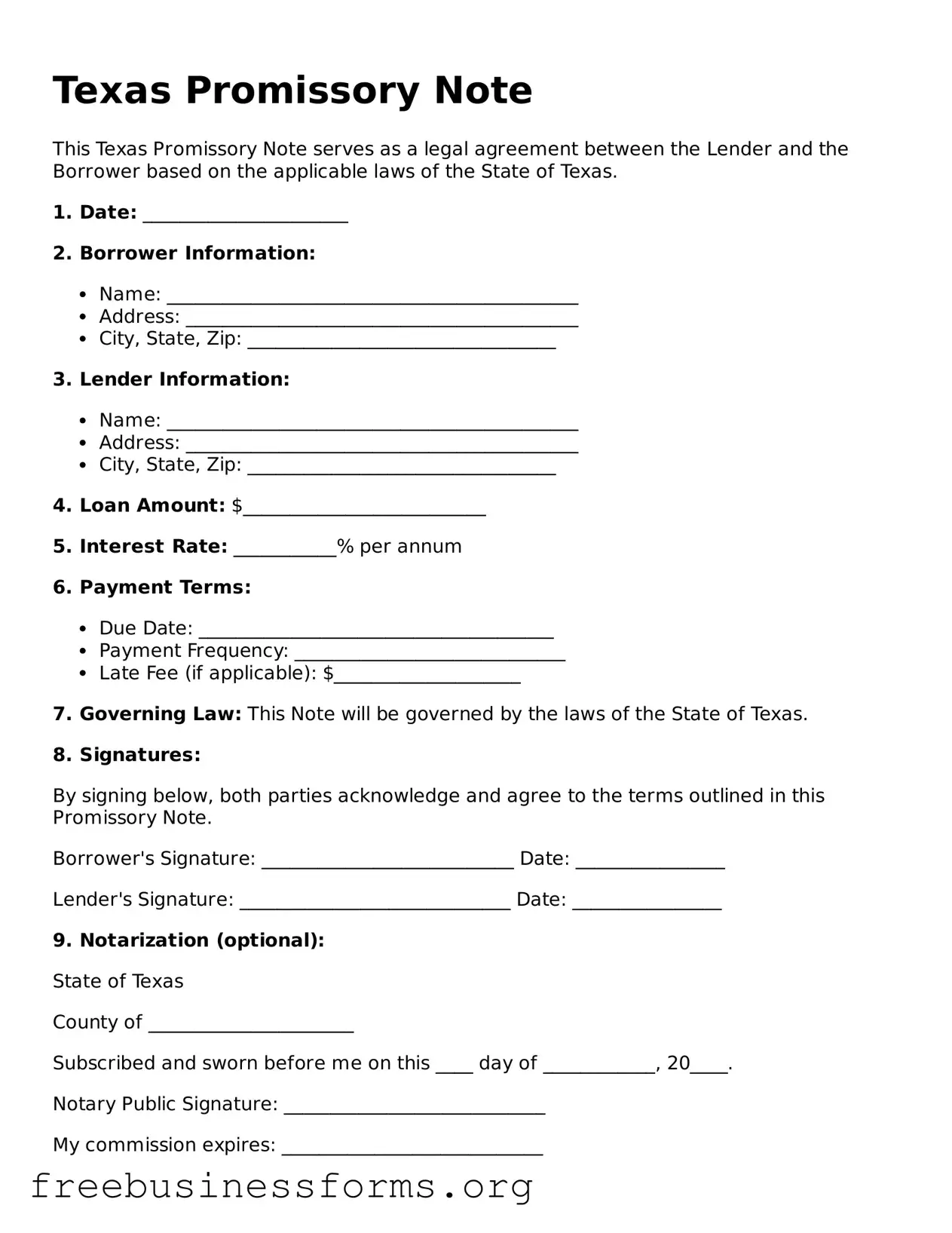 Blank  Promissory Note Template for Texas