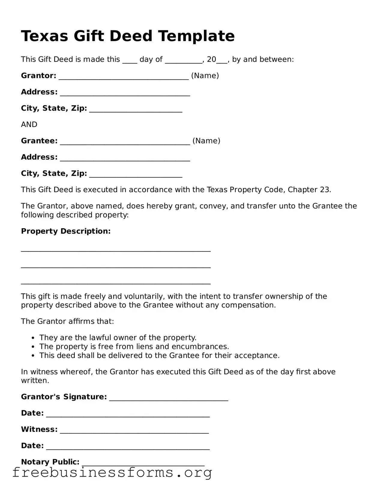 Blank  Gift Deed Template for Texas