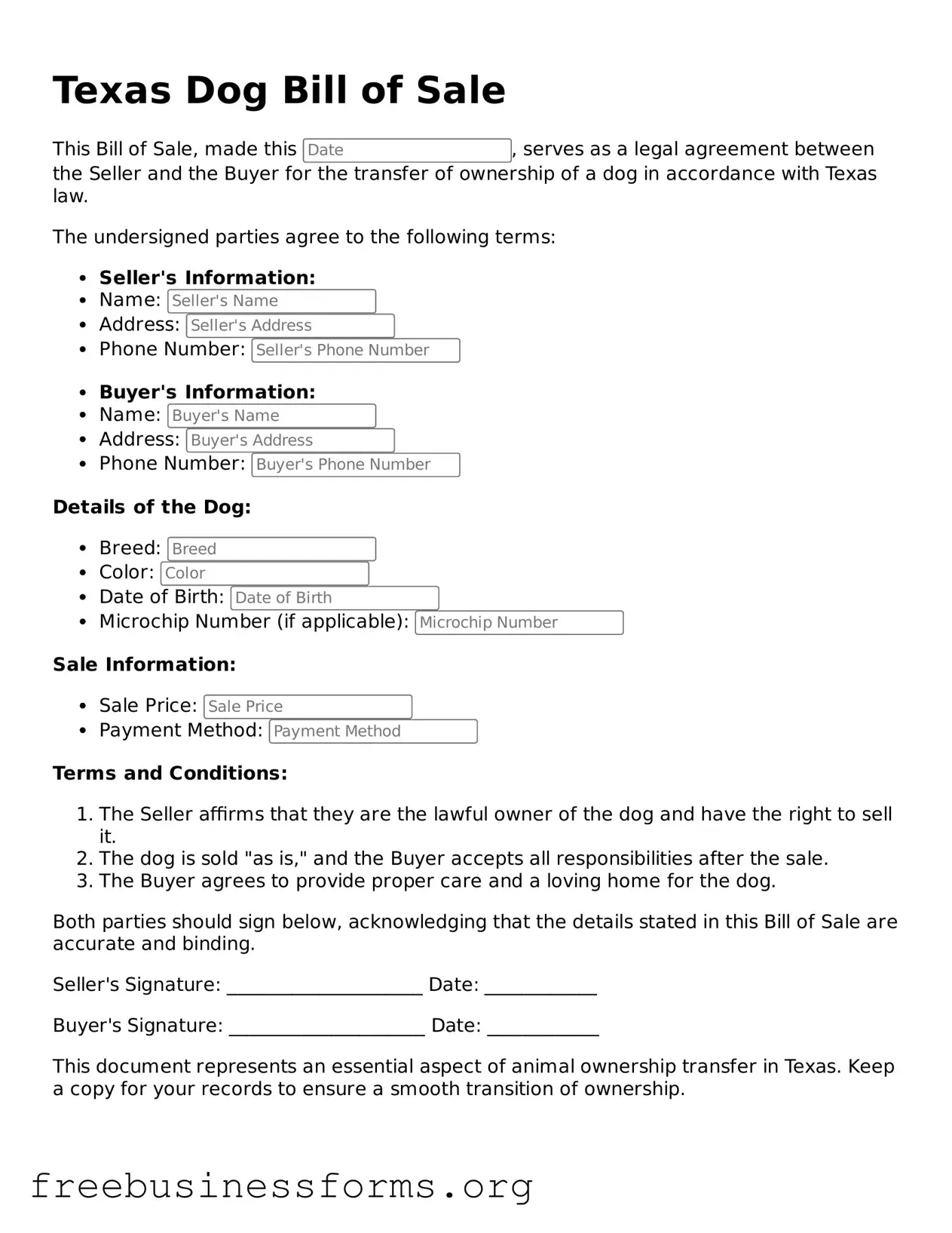 Blank  Dog Bill of Sale Template for Texas
