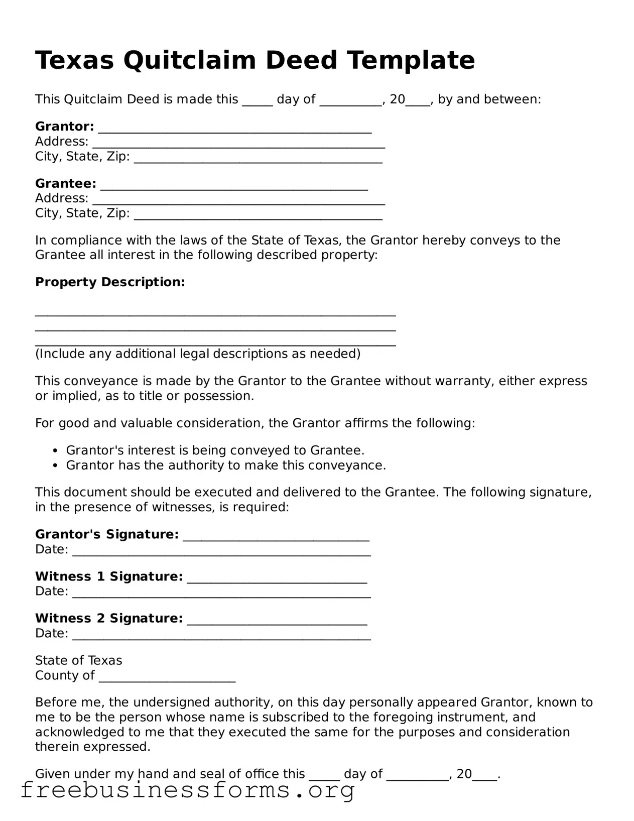 Blank  Quitclaim Deed Template for Texas