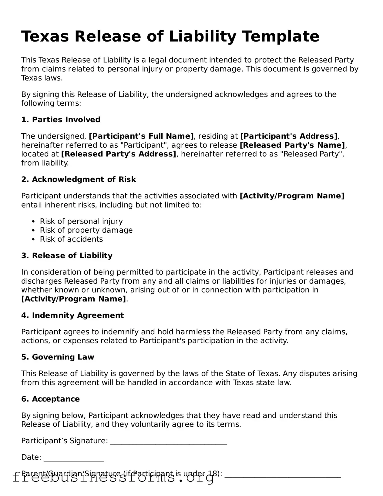 Blank  Release of Liability Template for Texas