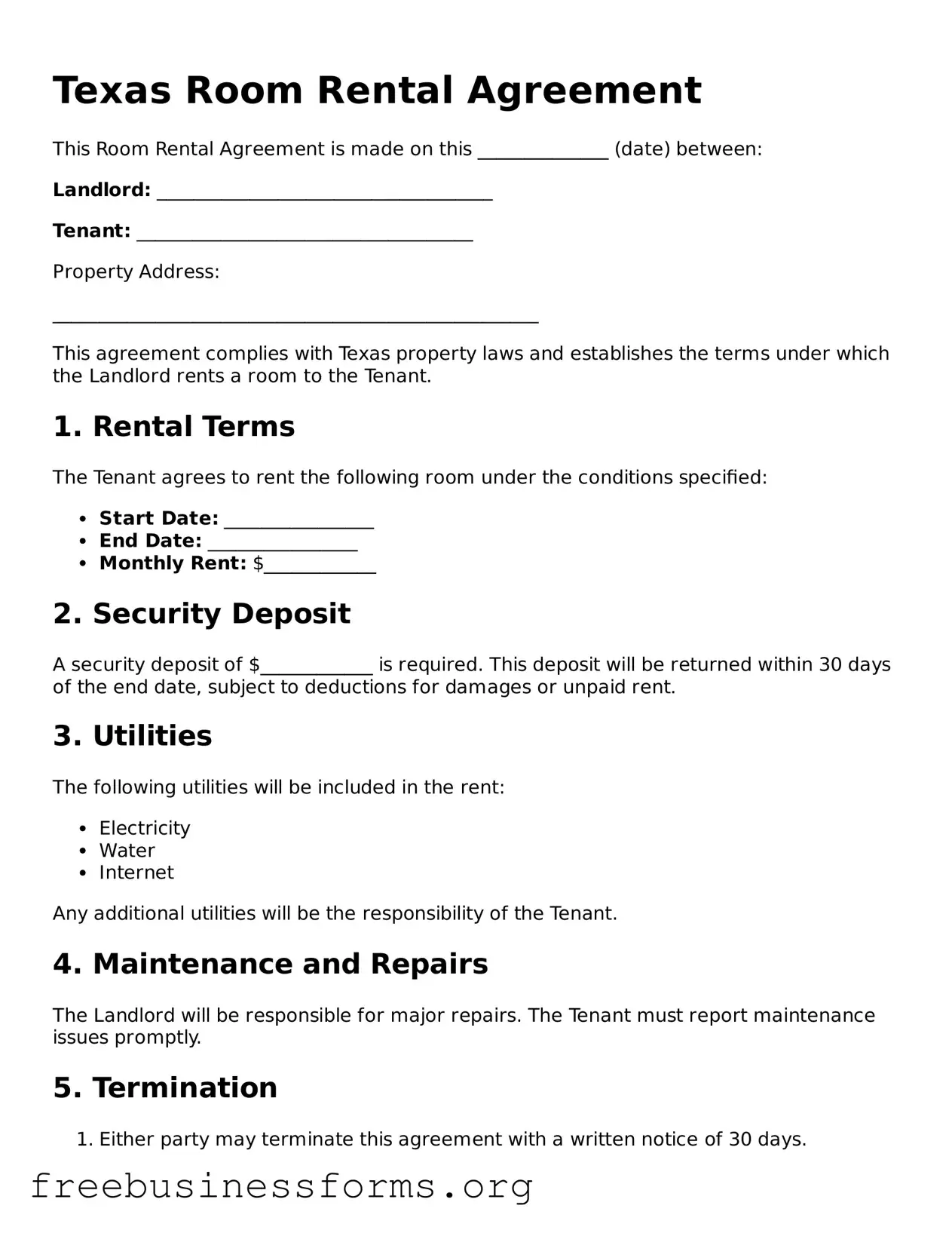 Blank  Room Rental Agreement Template for Texas