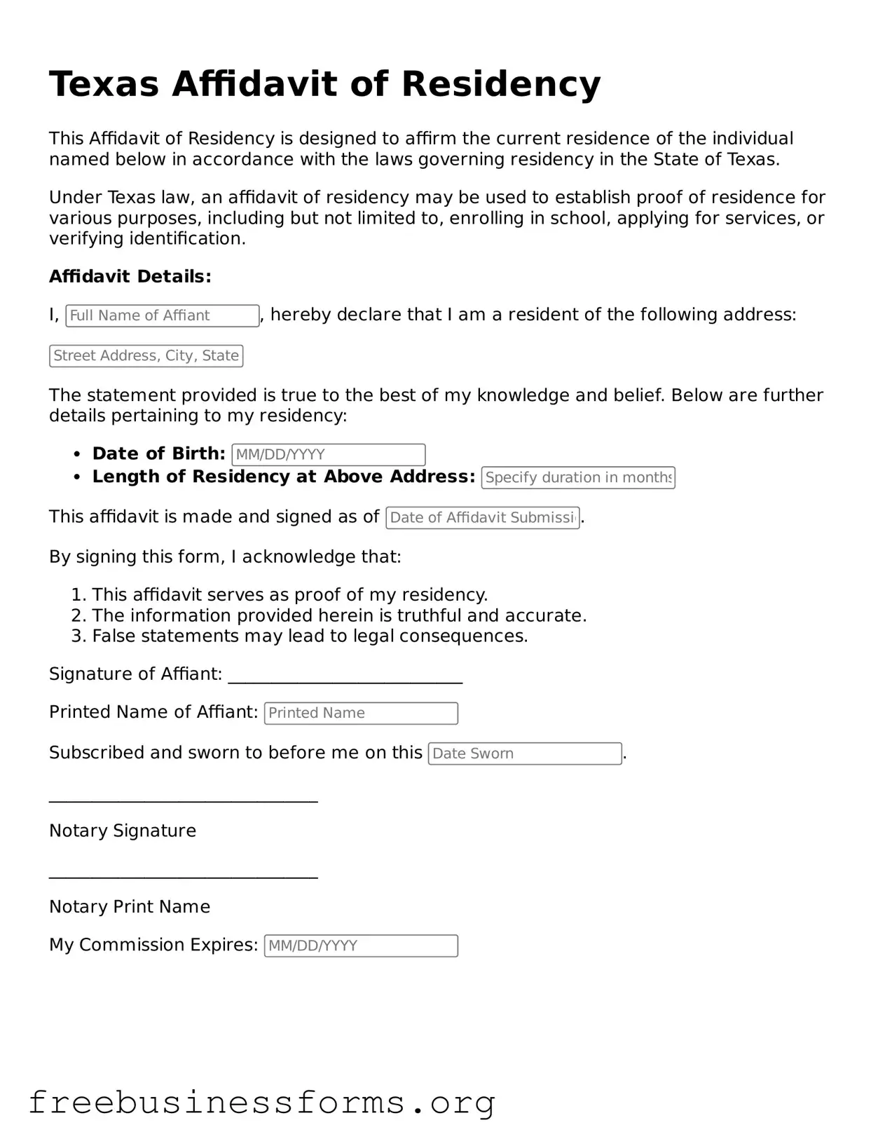 Blank Affidavit of Residency Template for Texas