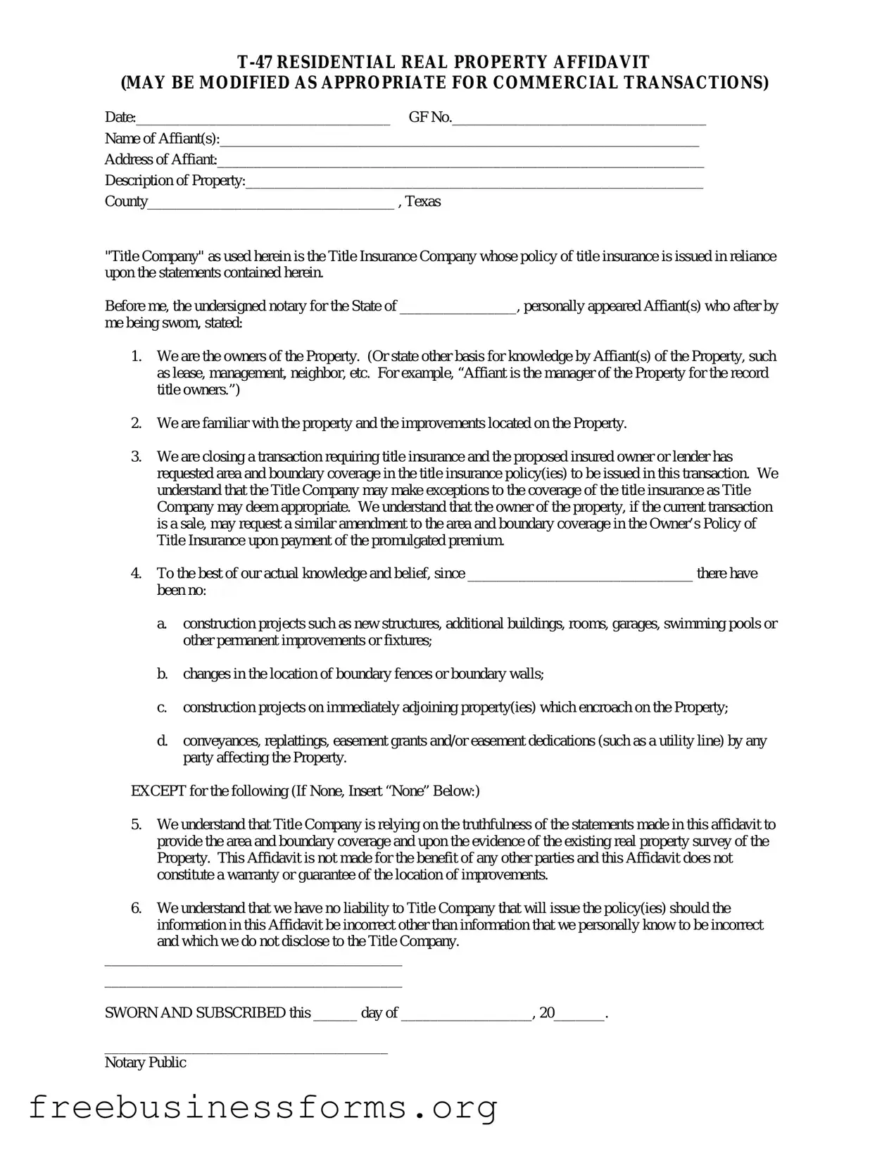 Official Texas residential property affidavit T-47 Form in PDF