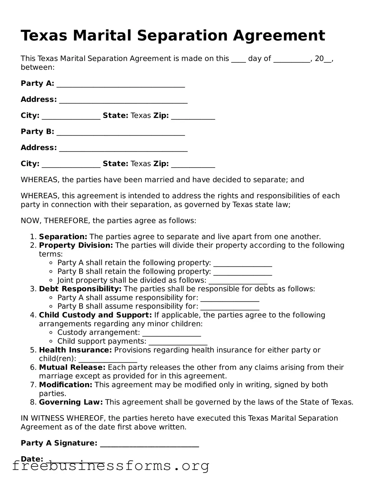 Blank  Marital Separation Agreement Template for Texas