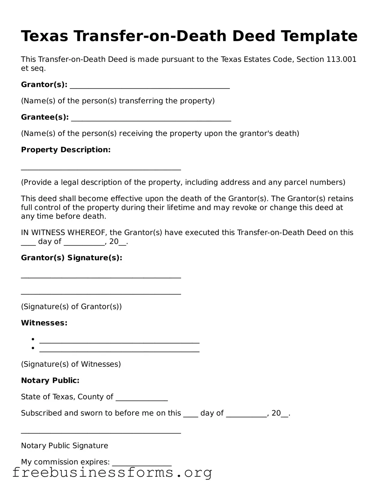 Blank  Transfer-on-Death Deed Template for Texas