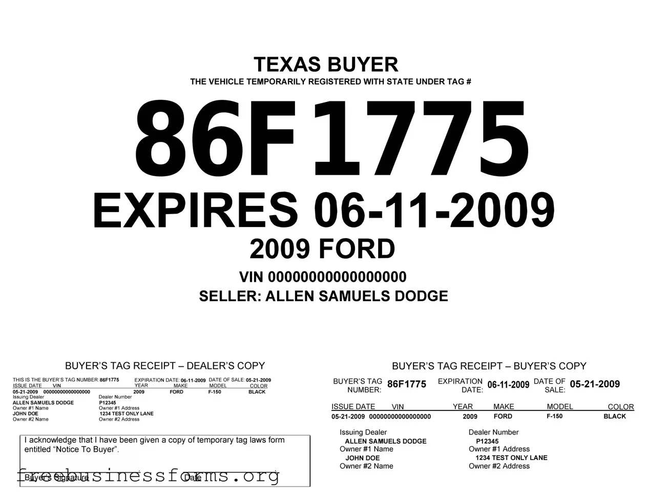 Official Texas Temporary Tag Form in PDF