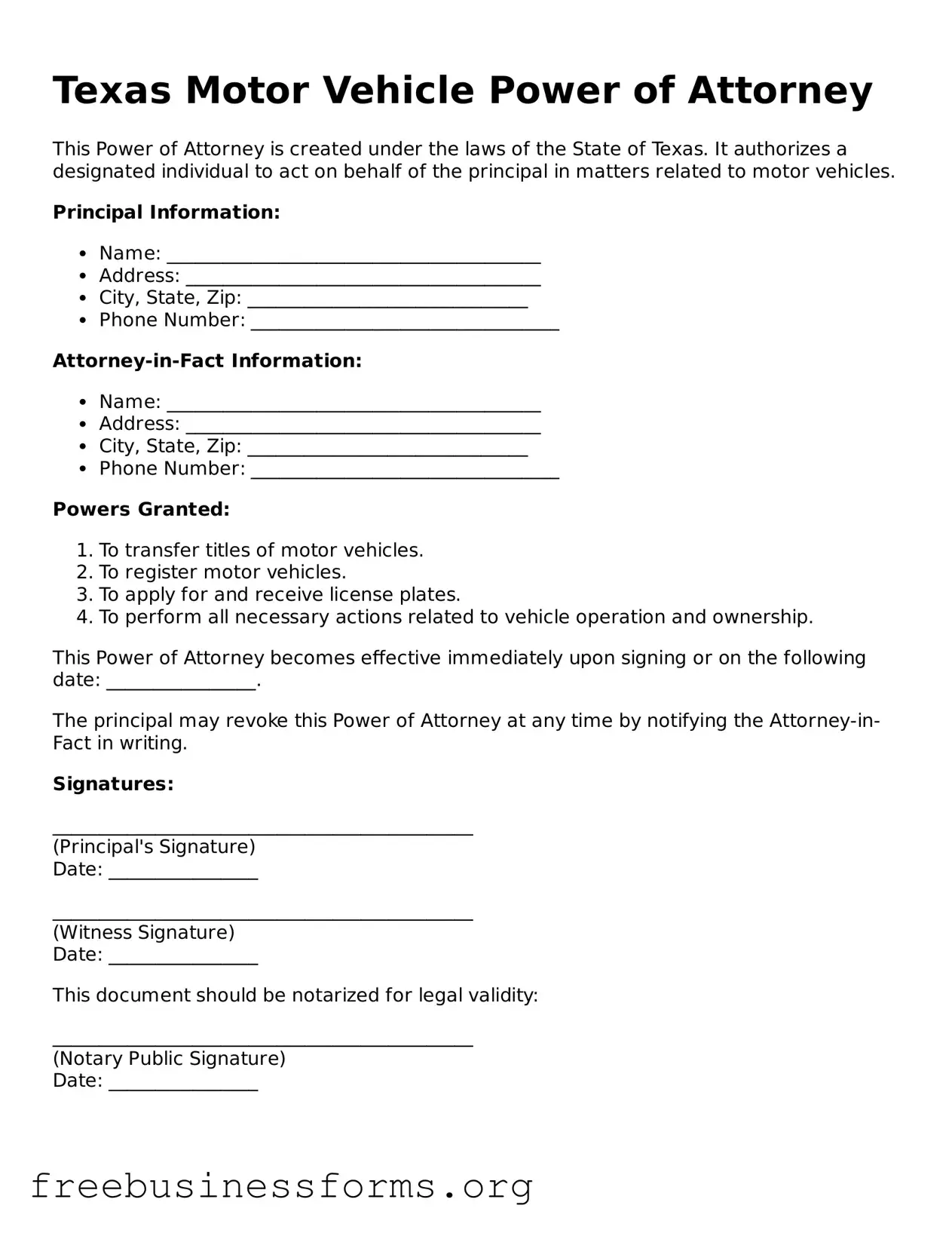 Blank  Motor Vehicle Power of Attorney Template for Texas