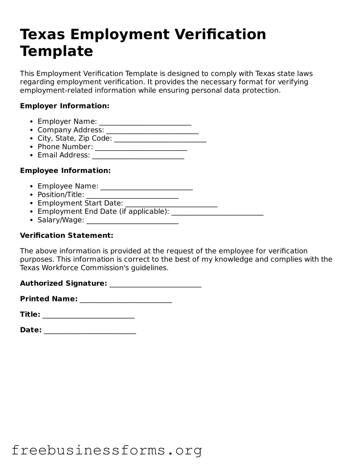 Blank  Employment Verification Template for Texas