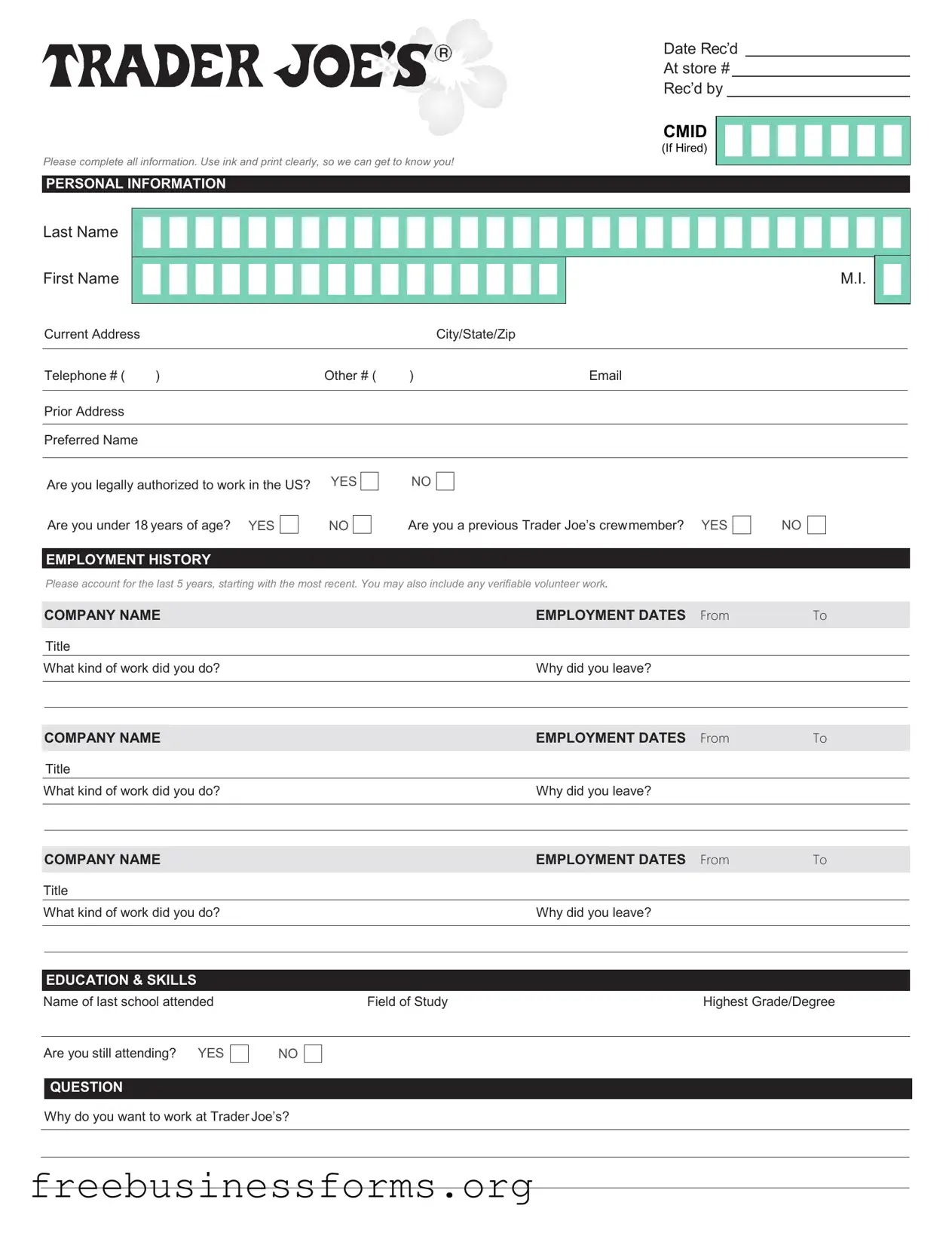 Official Trader Joe's application Form in PDF