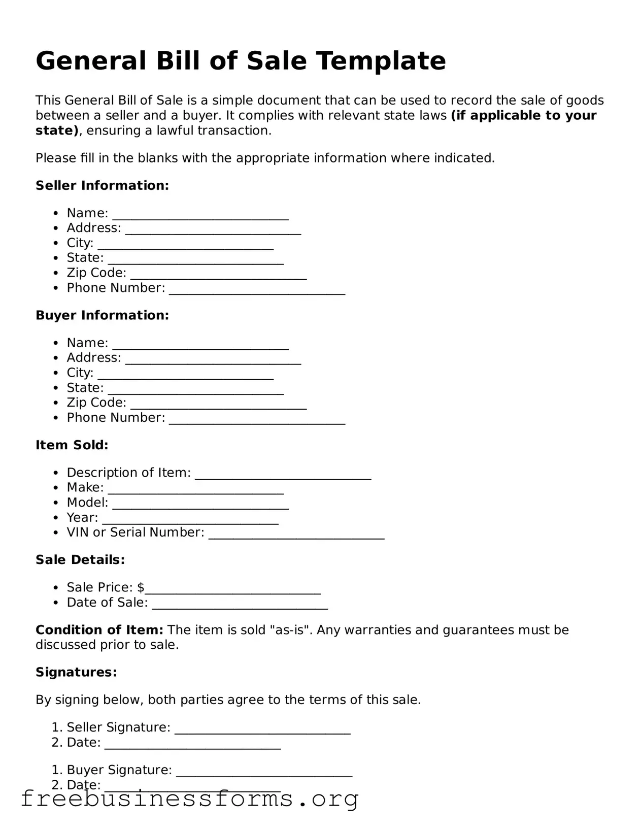 Official General Bill of Sale Form