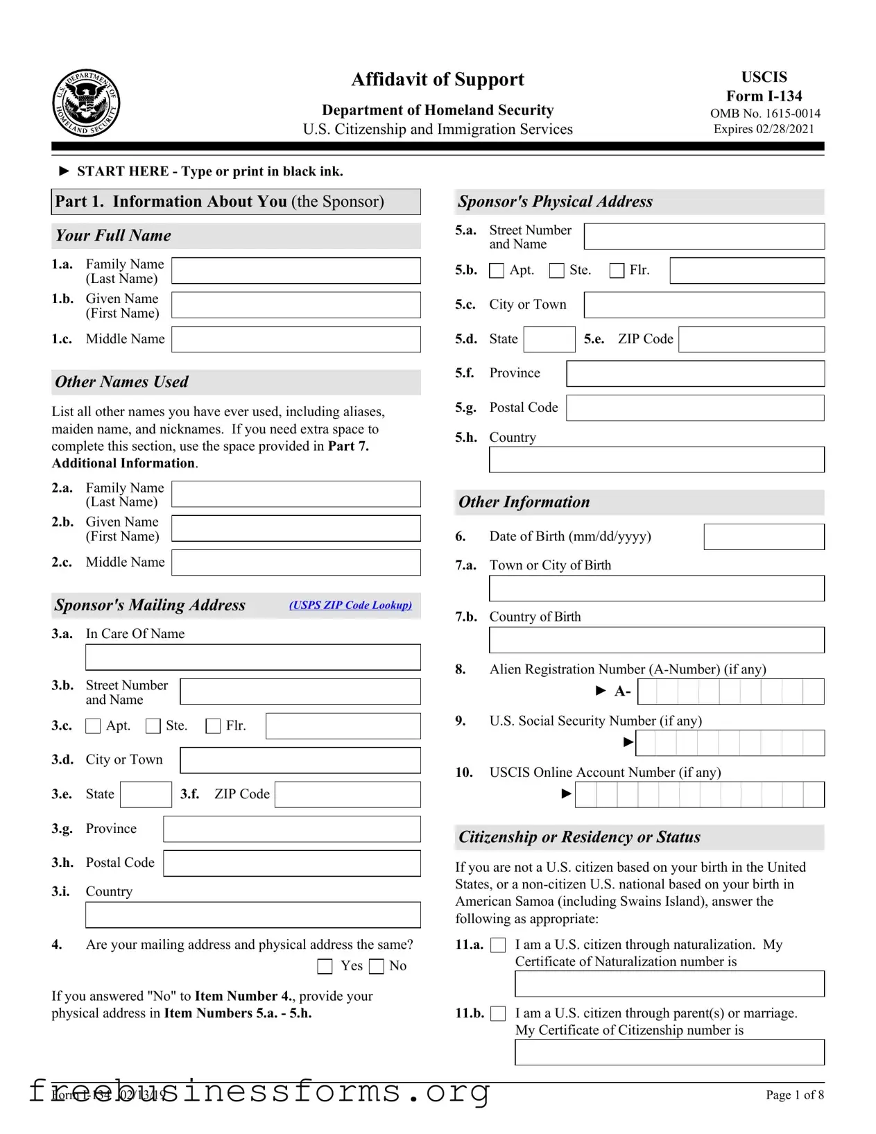 Official USCIS I-134 Form in PDF