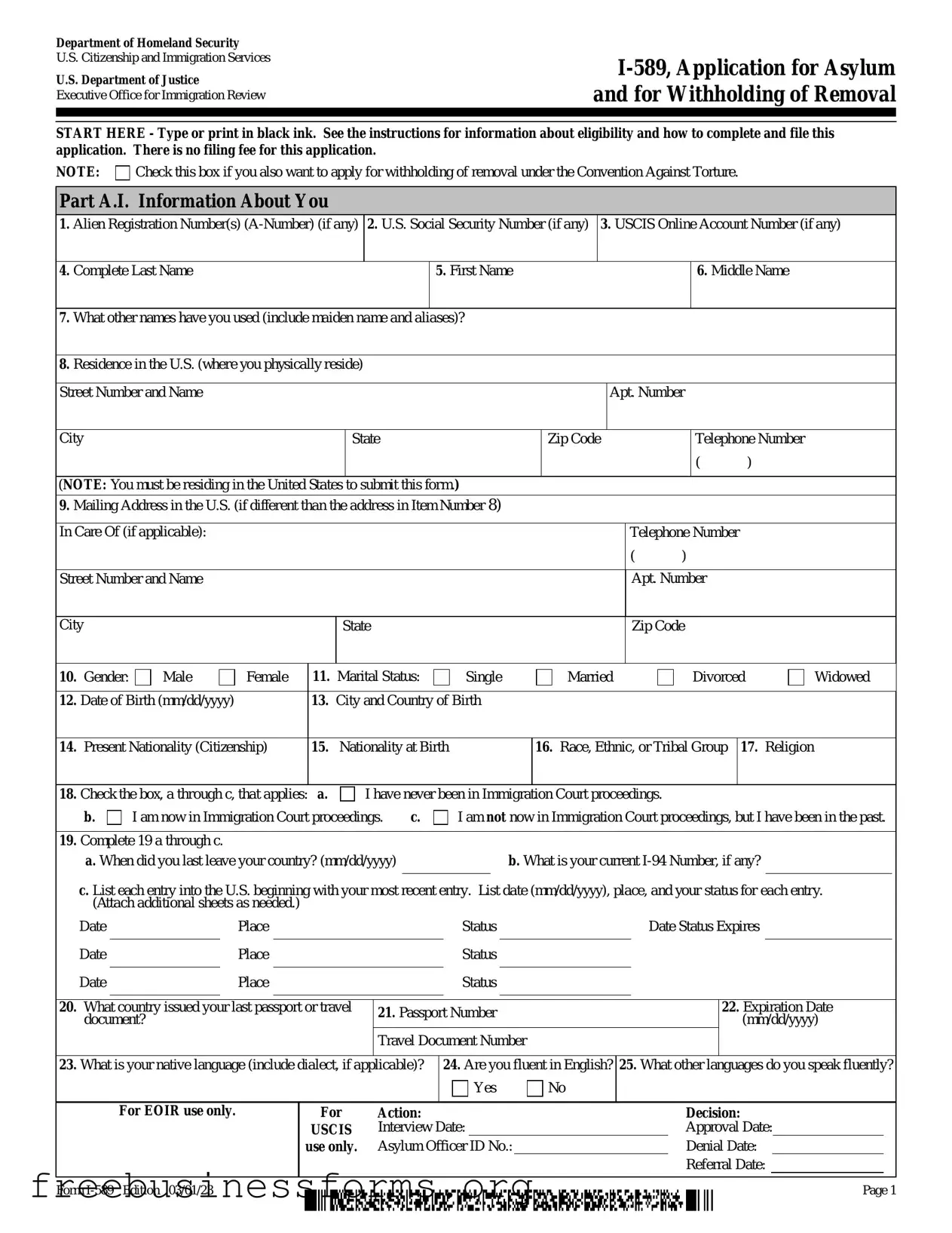 Official USCIS I-589 Form in PDF