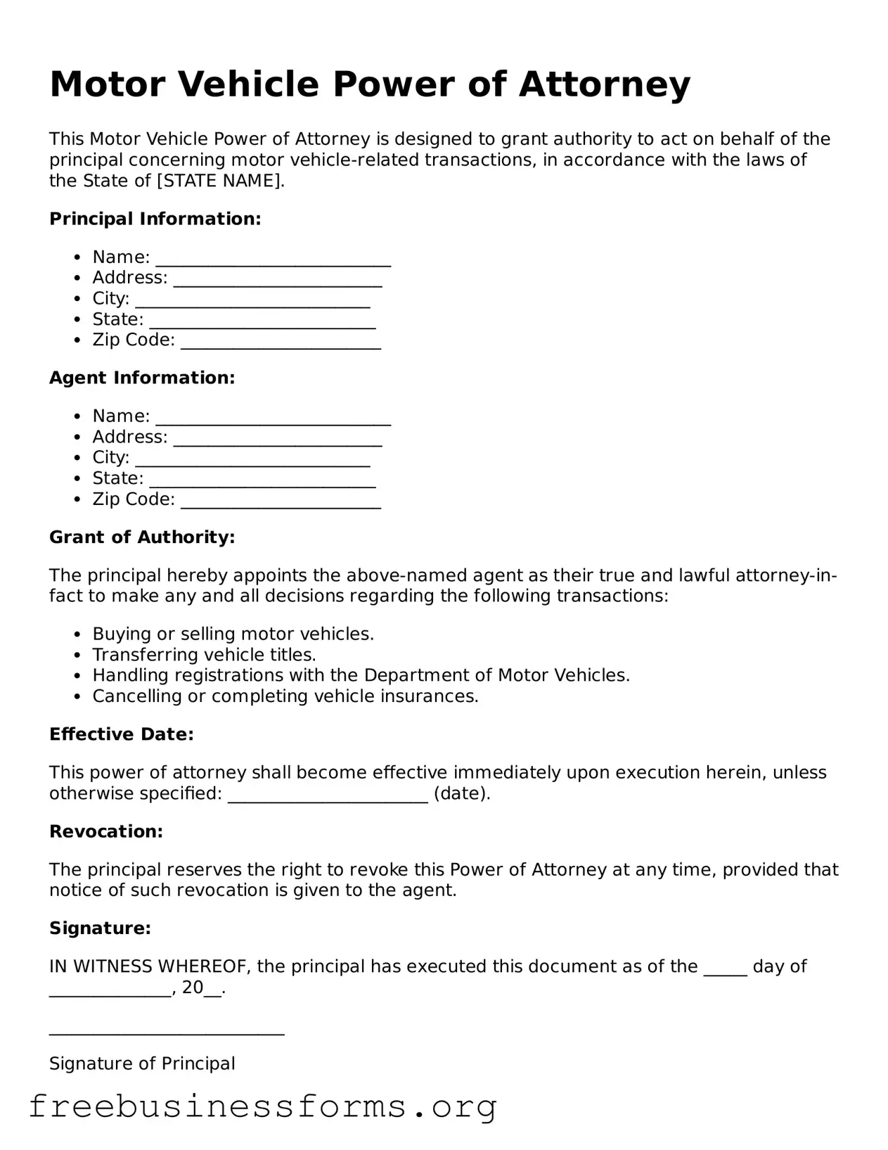 Official Motor Vehicle Power of Attorney Form