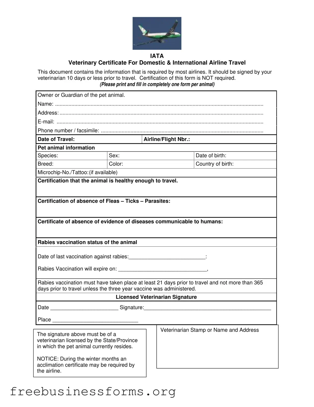 Official Veterinary Certificate Travel Form in PDF
