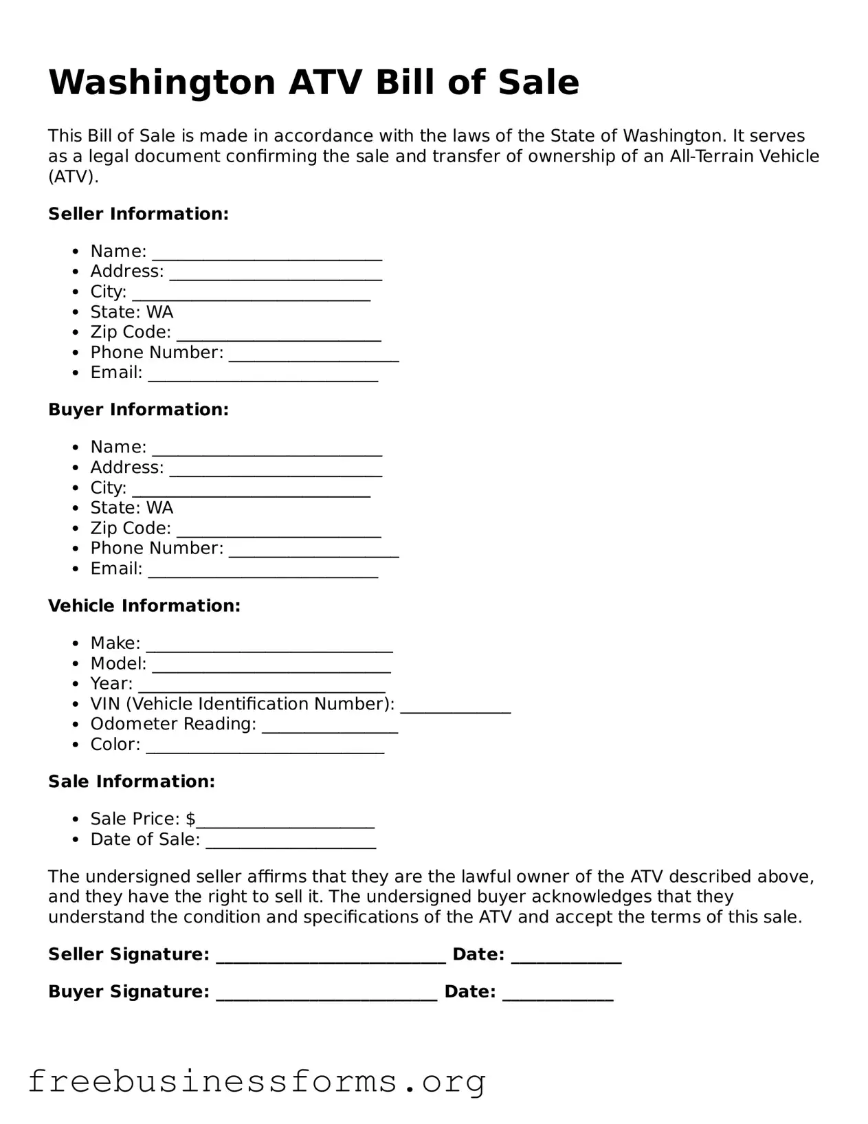 Blank  ATV Bill of Sale Template for Washington
