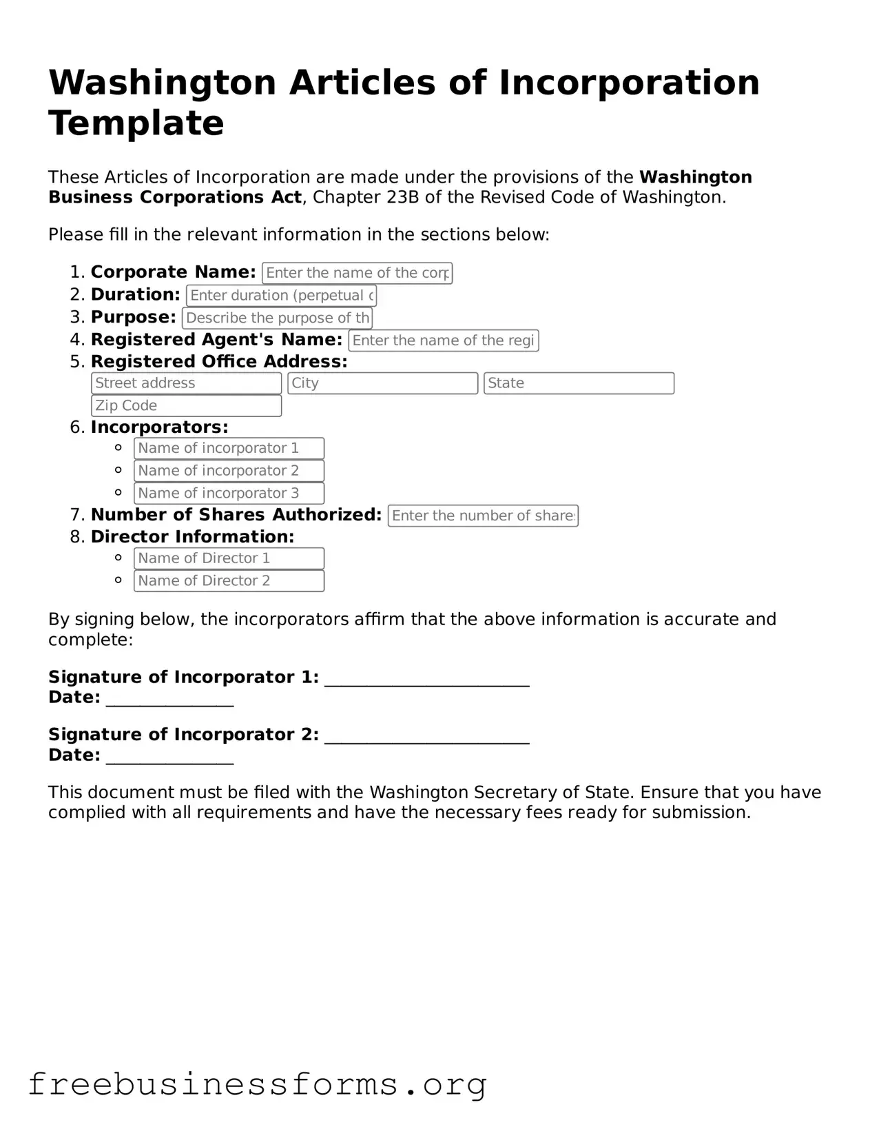 Blank Articles of Incorporation Template for Washington