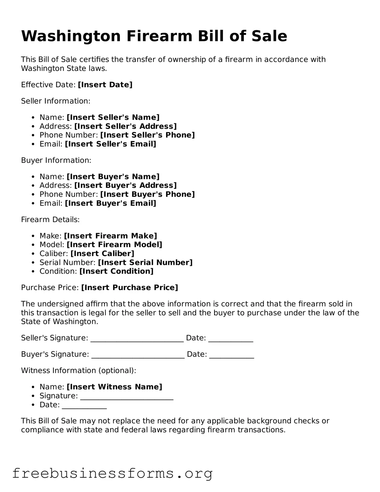 Blank  Firearm Bill of Sale Template for Washington