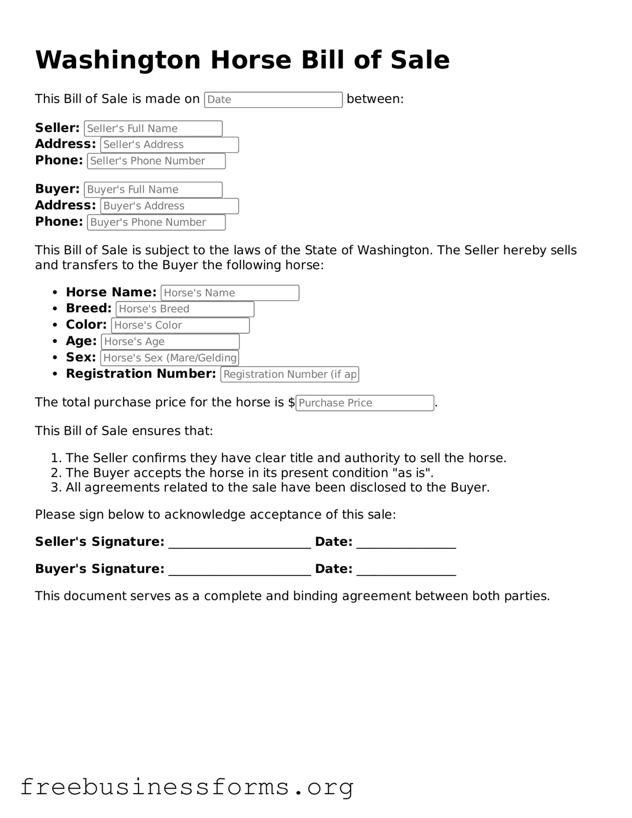 Blank Horse Bill of Sale Template for Washington