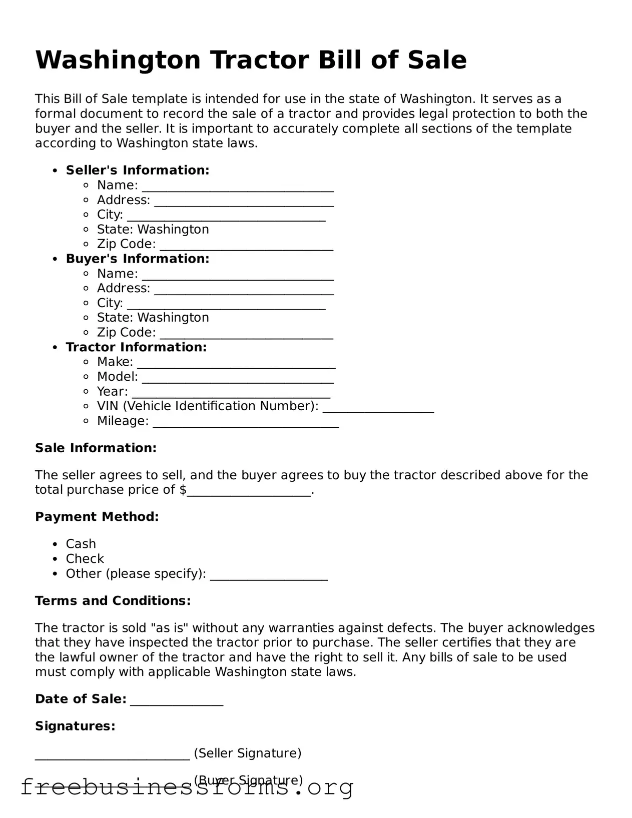Blank  Tractor Bill of Sale Template for Washington