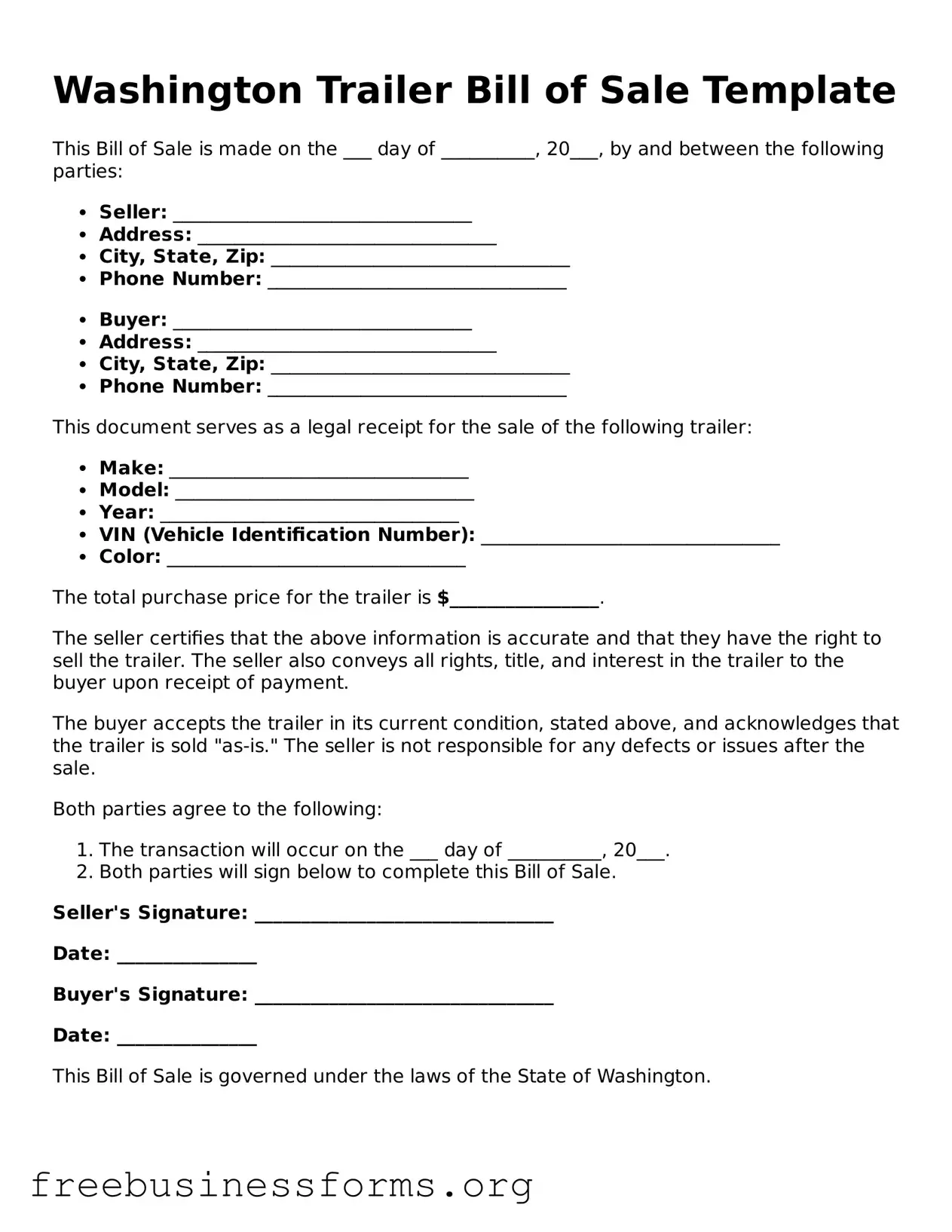 Blank  Trailer Bill of Sale Template for Washington