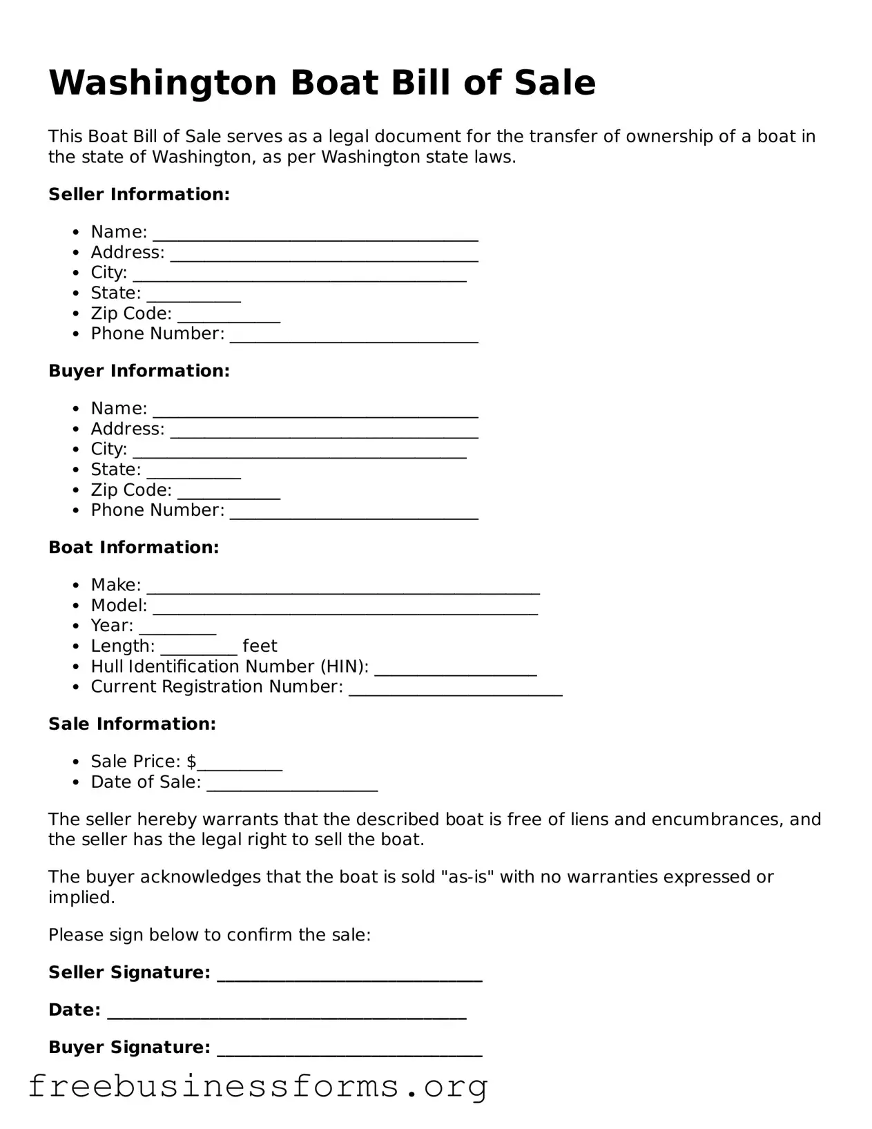 Blank  Boat Bill of Sale Template for Washington