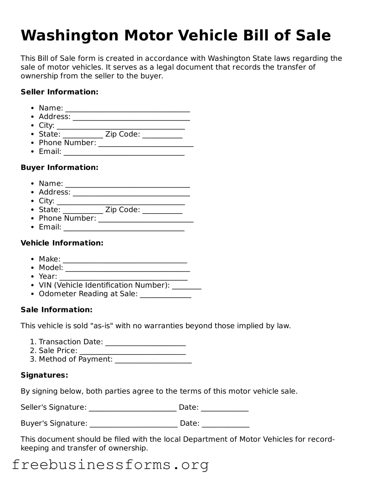 Blank  Motor Vehicle Bill of Sale Template for Washington