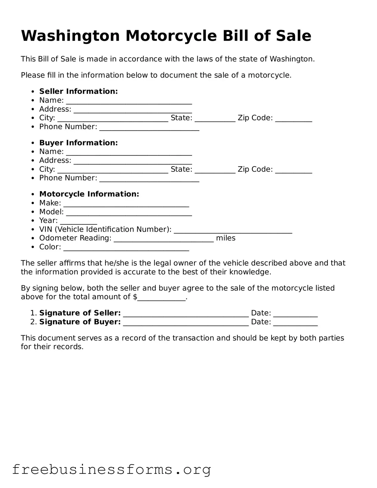 Blank  Motorcycle Bill of Sale Template for Washington