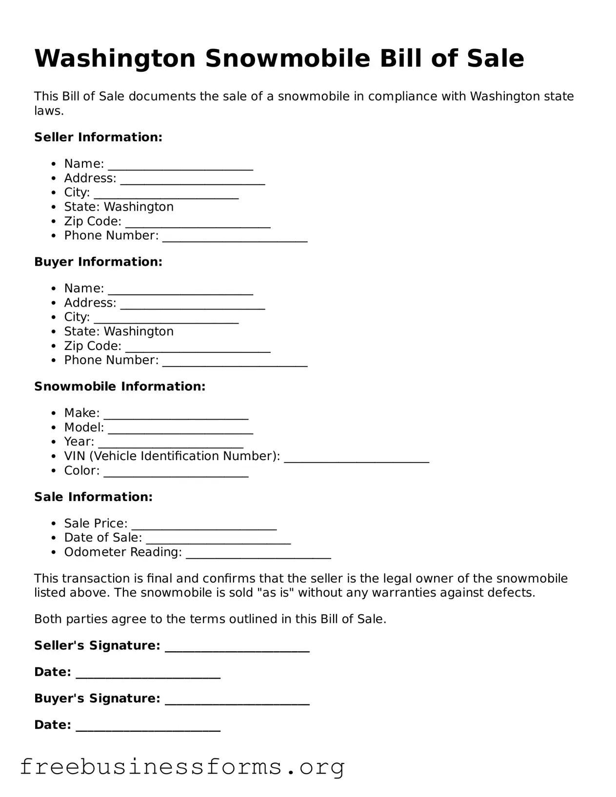 Blank  Snowmobile Bill of Sale Template for Washington