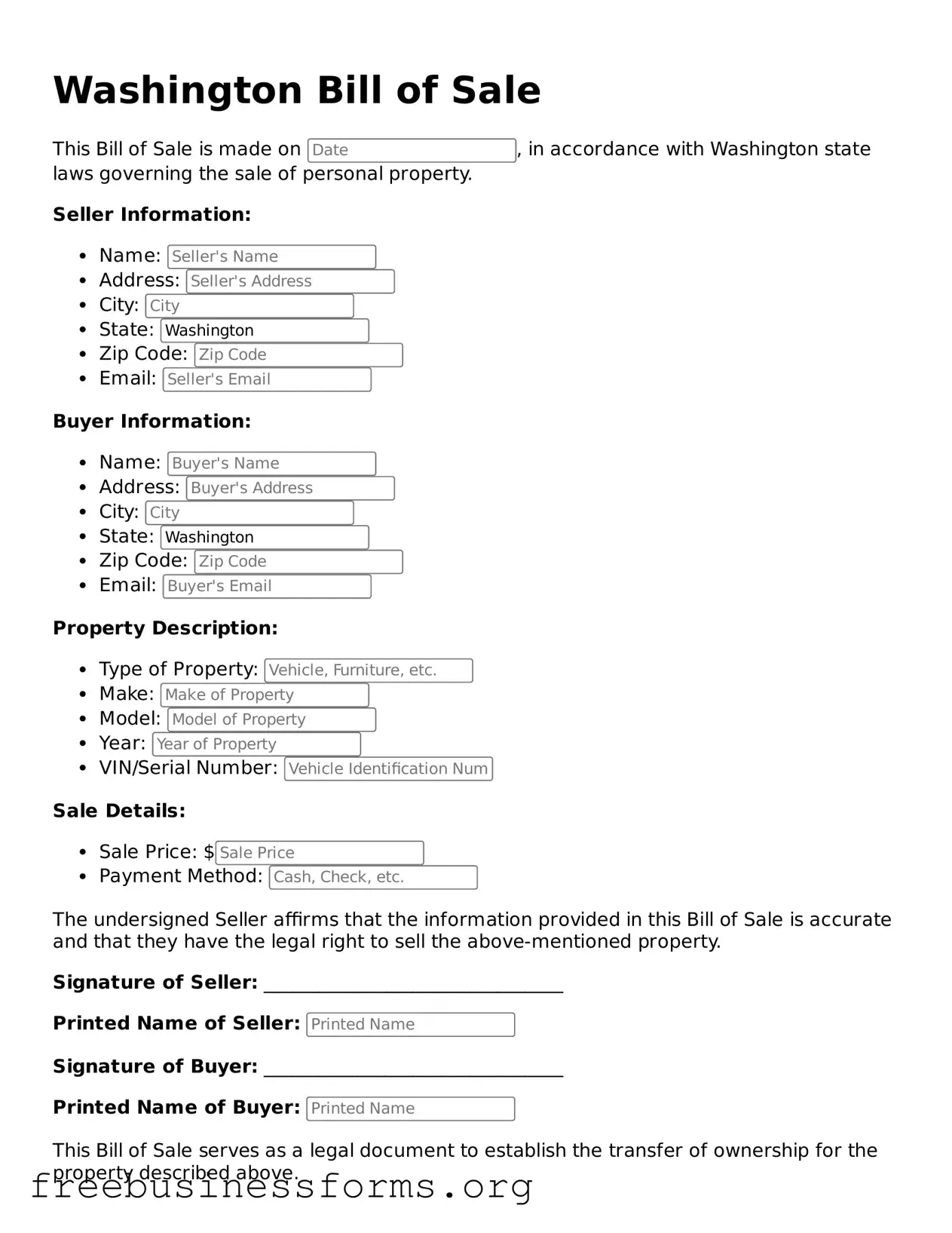 Blank Bill of Sale Template for Washington