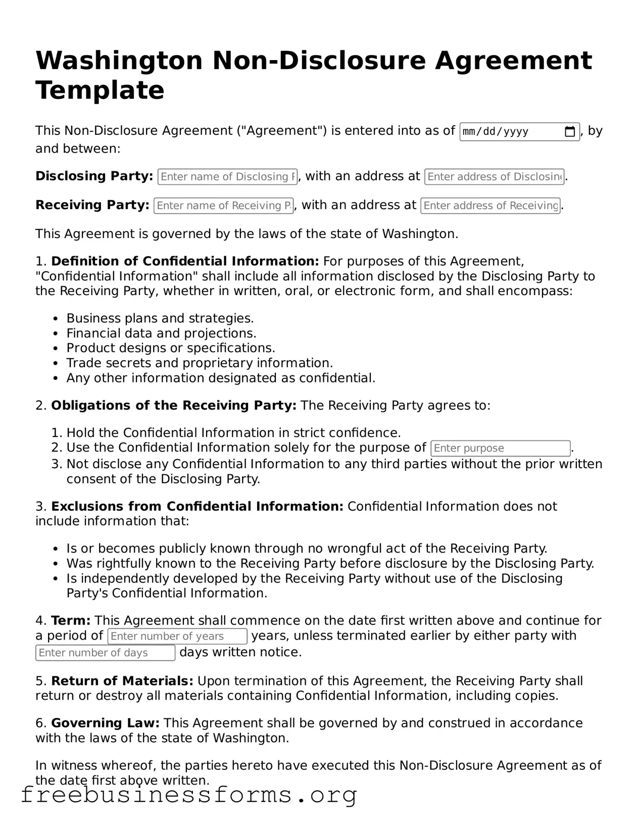 Blank  Non-disclosure Agreement Template for Washington