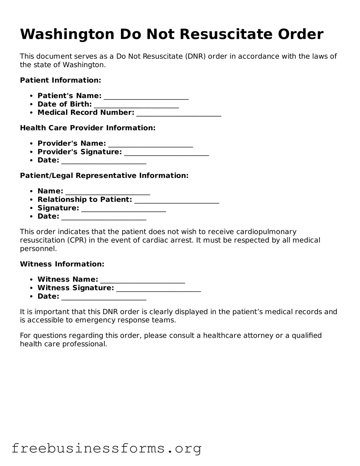 Blank  Do Not Resuscitate Order Template for Washington