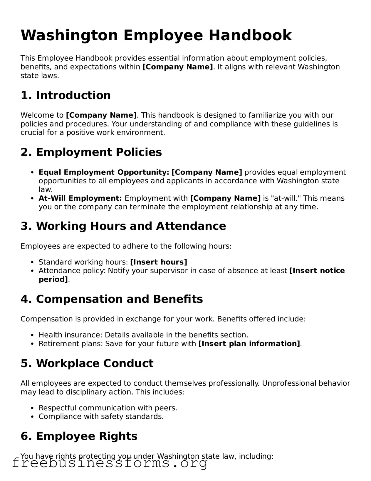 Blank  Employee Handbook Template for Washington