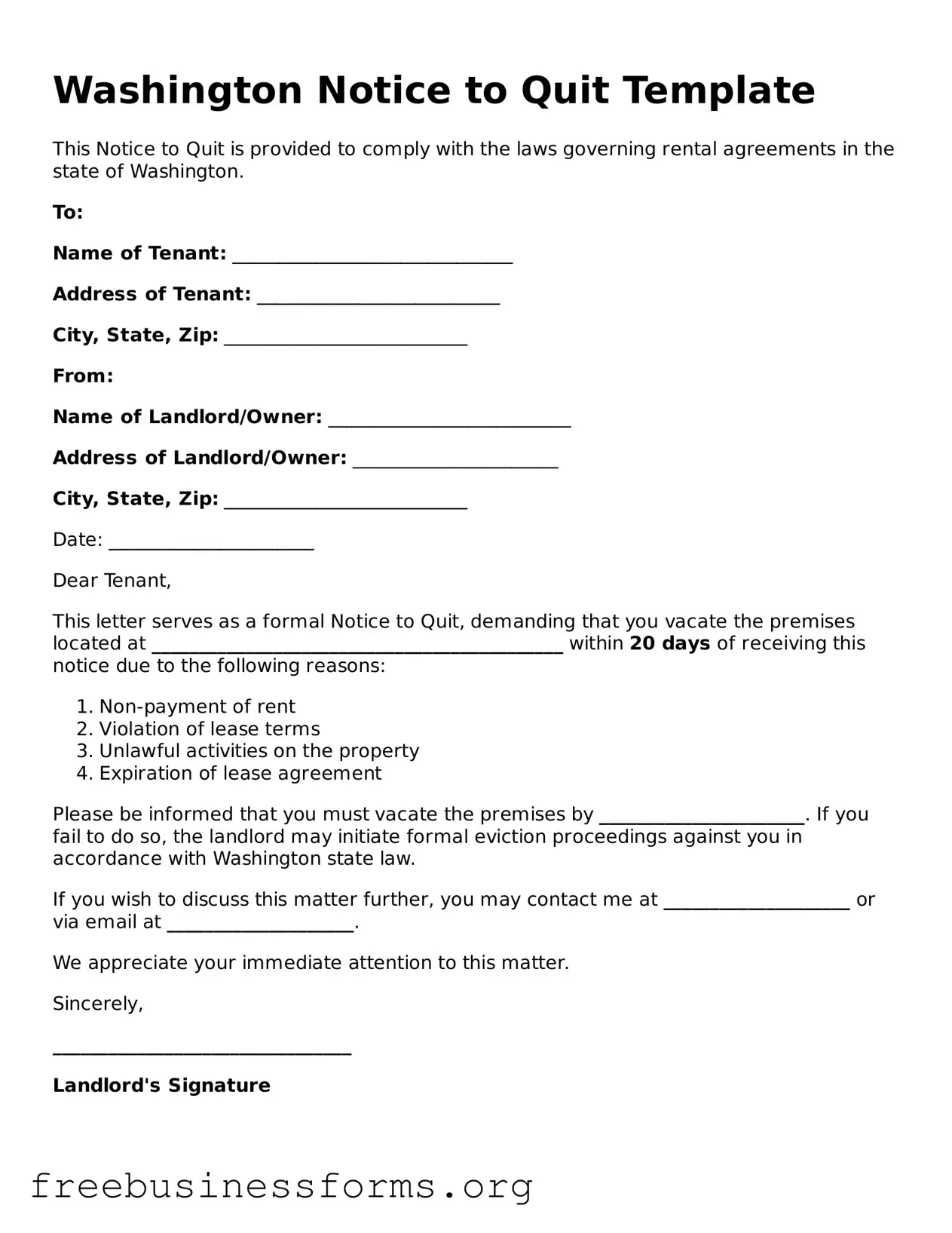 Blank  Notice to Quit Template for Washington