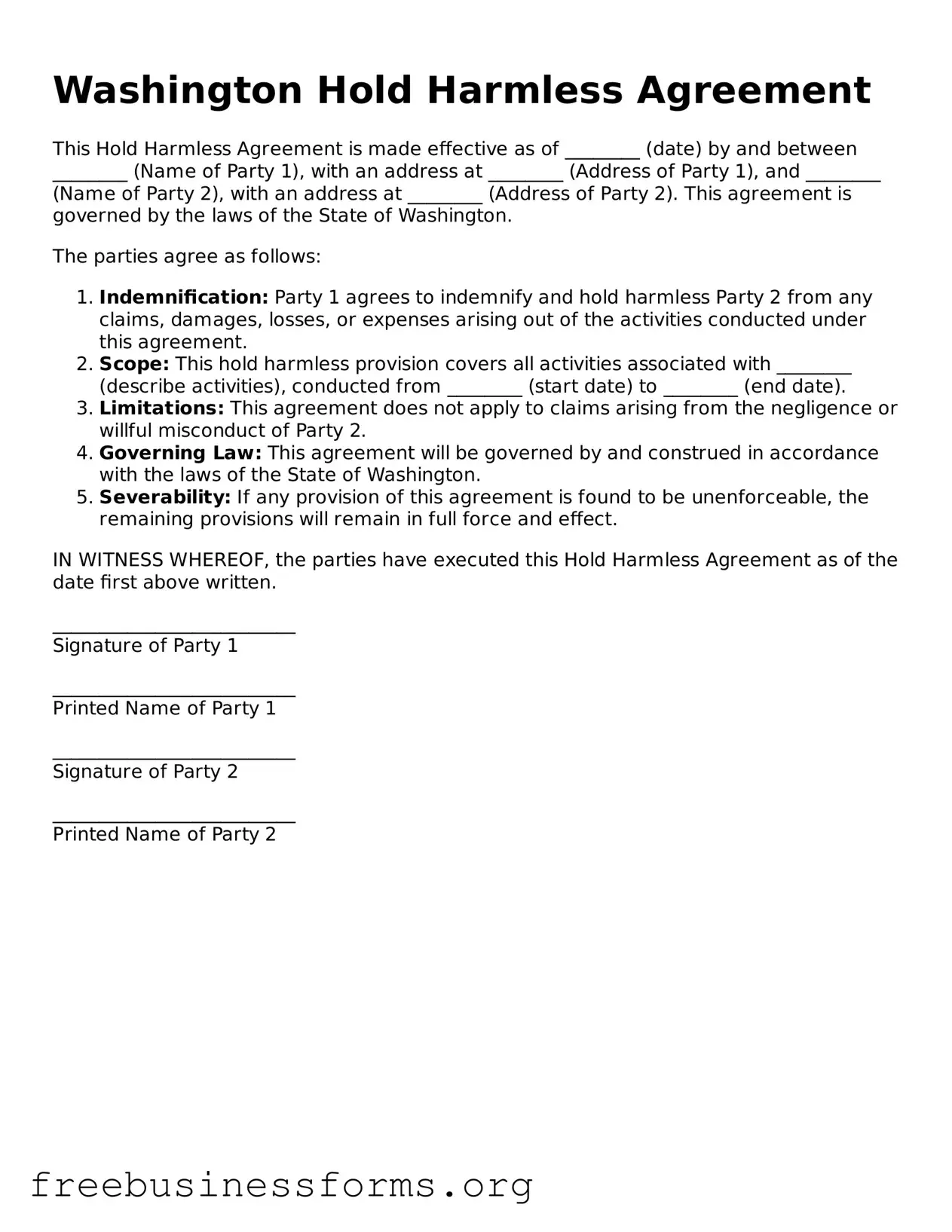 Blank  Hold Harmless Agreement Template for Washington