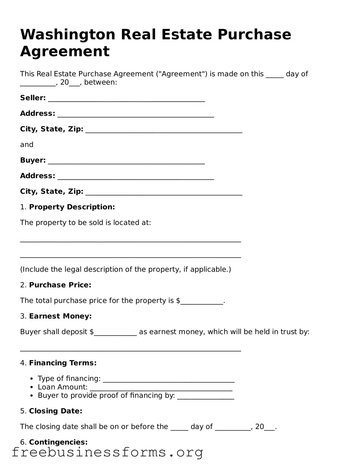 Blank  Real Estate Purchase Agreement Template for Washington