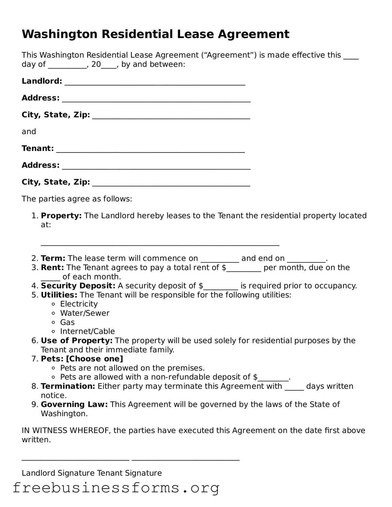 Blank  Residential Lease Agreement Template for Washington