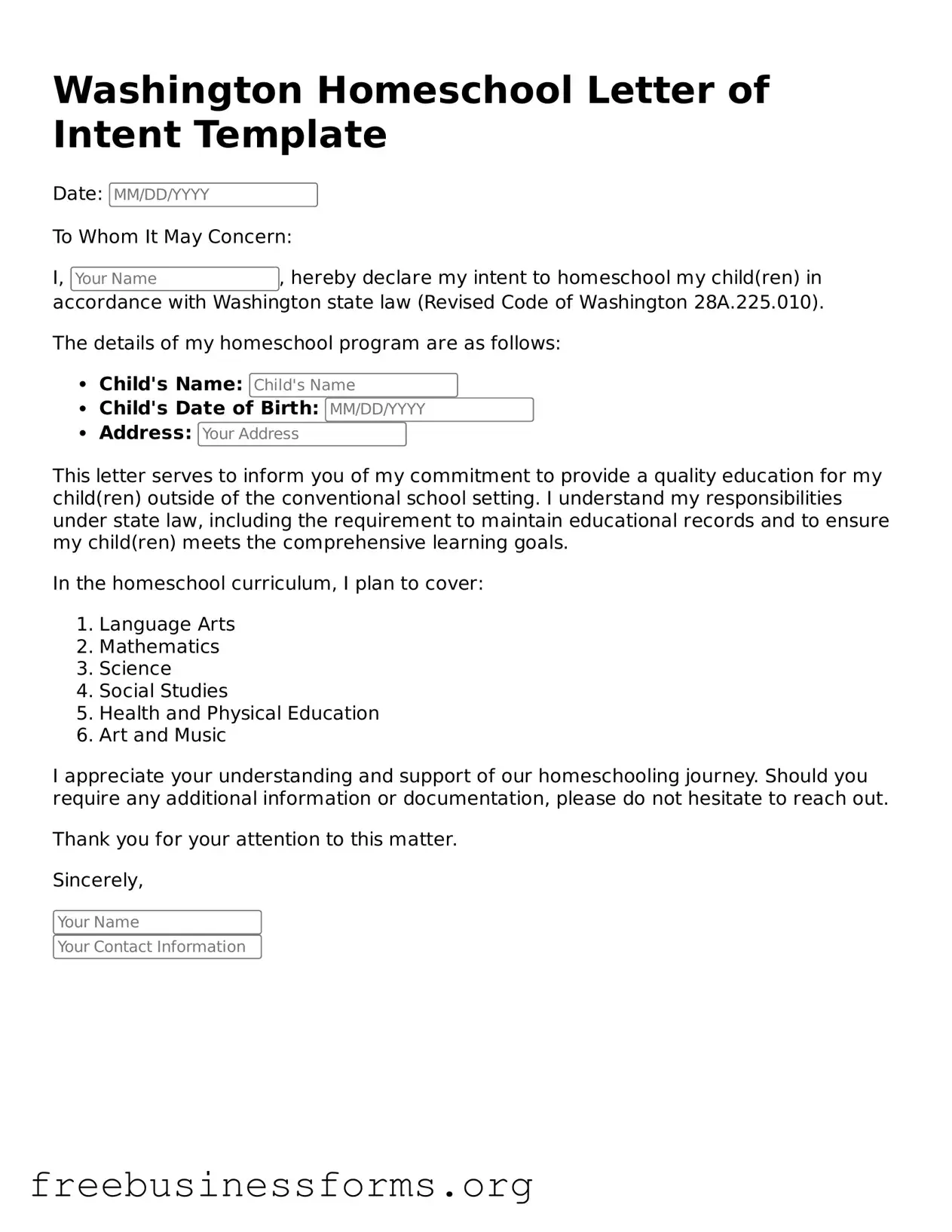Blank  Homeschool Letter of Intent Template for Washington