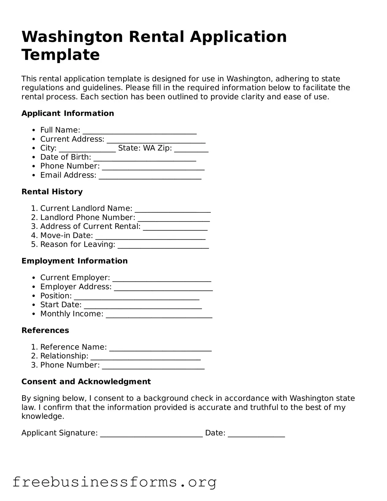 Blank  Rental Application Template for Washington