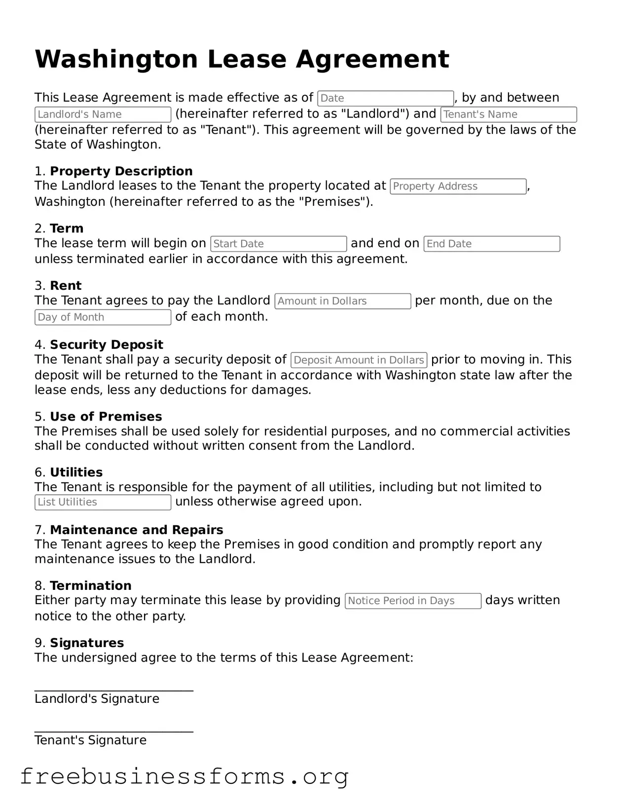 Blank Lease Agreement Template for Washington