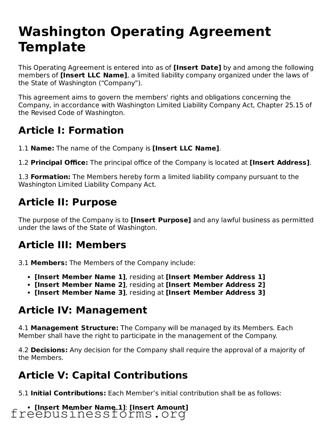 Blank  Operating Agreement Template for Washington