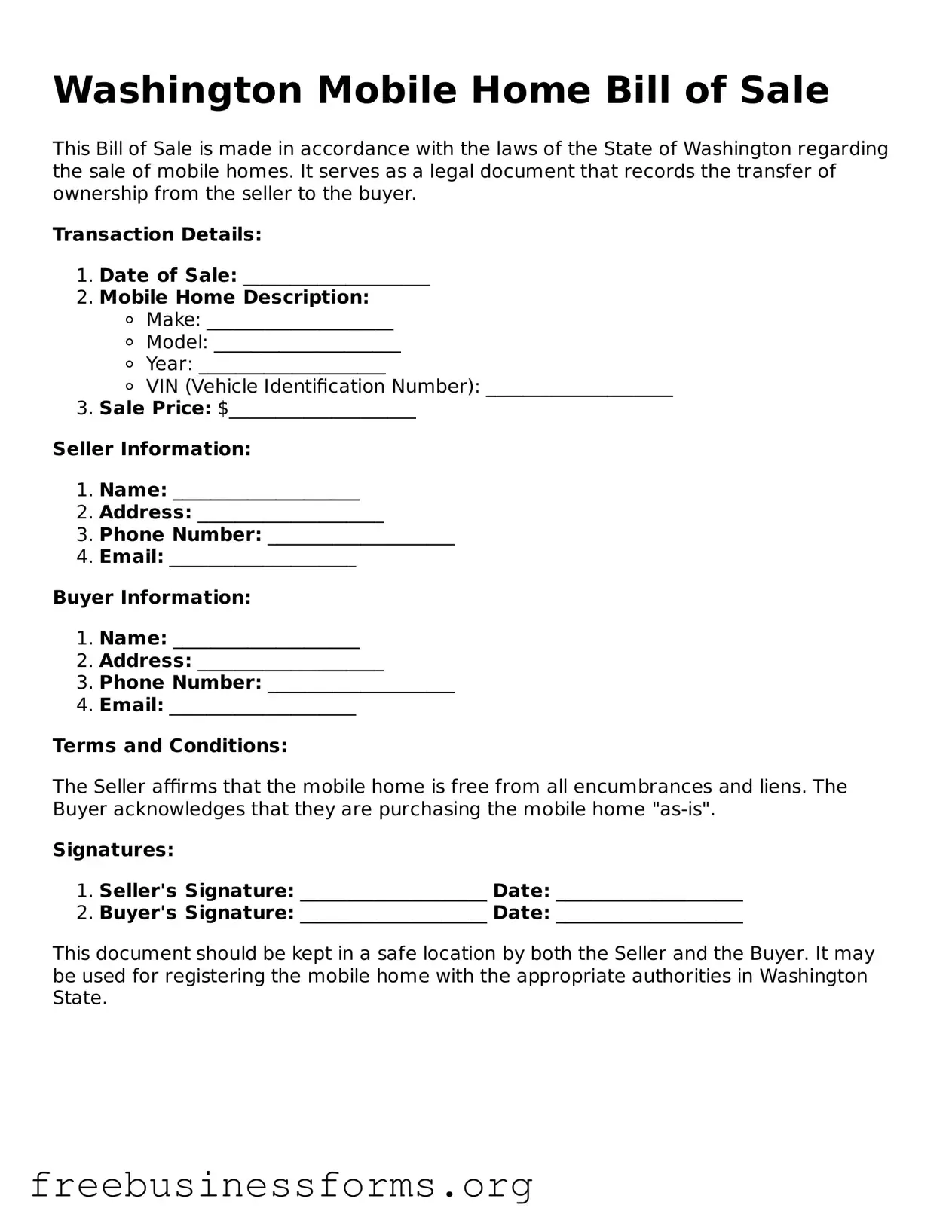 Blank  Mobile Home Bill of Sale Template for Washington
