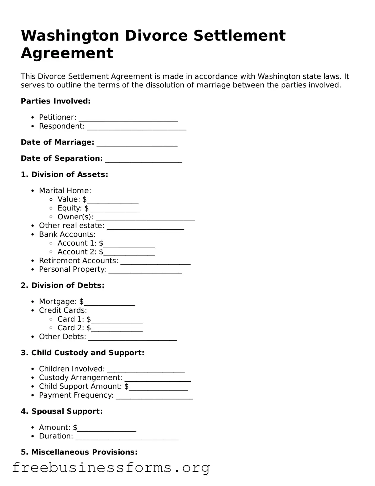 Blank  Divorce Settlement Agreement Template for Washington