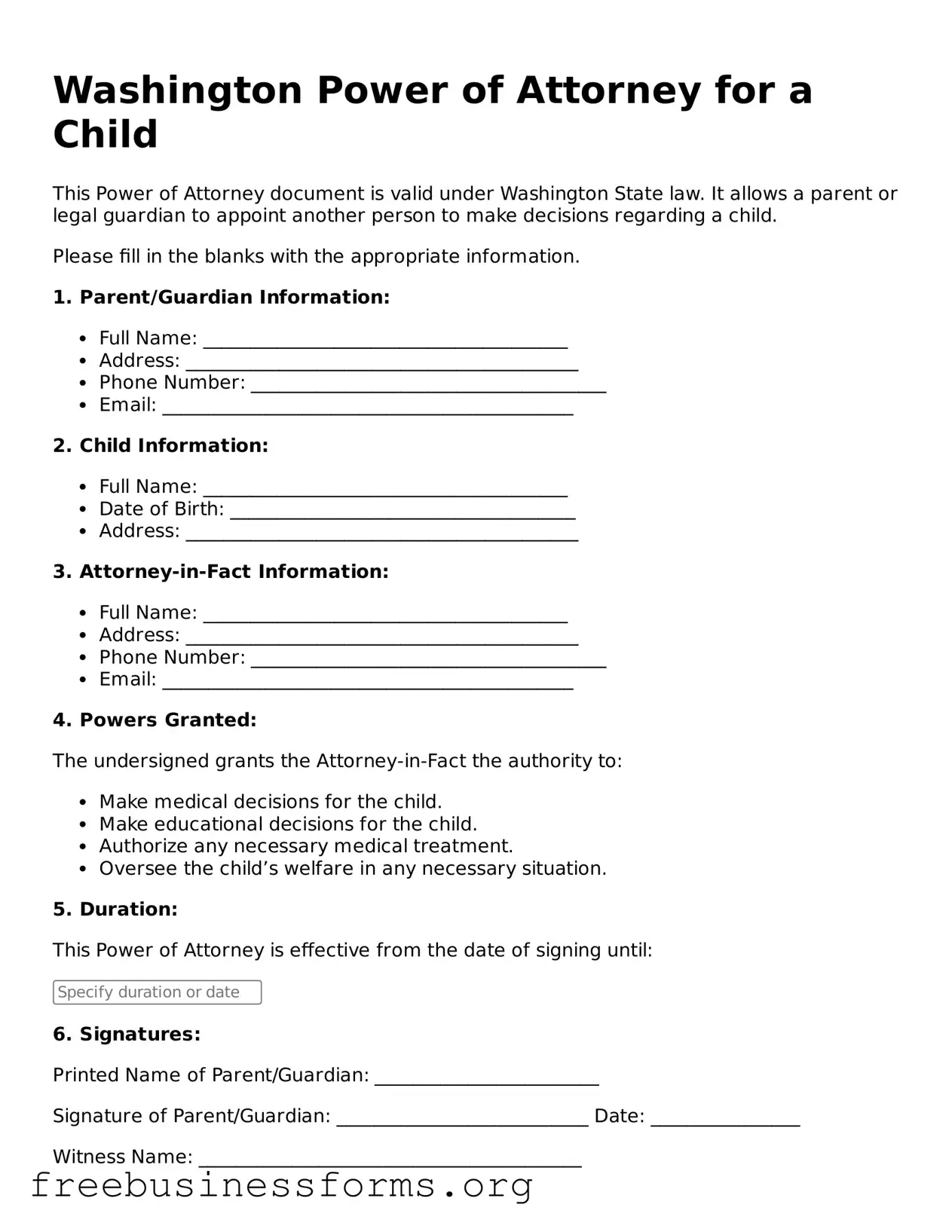 Blank  Power of Attorney for a Child Template for Washington
