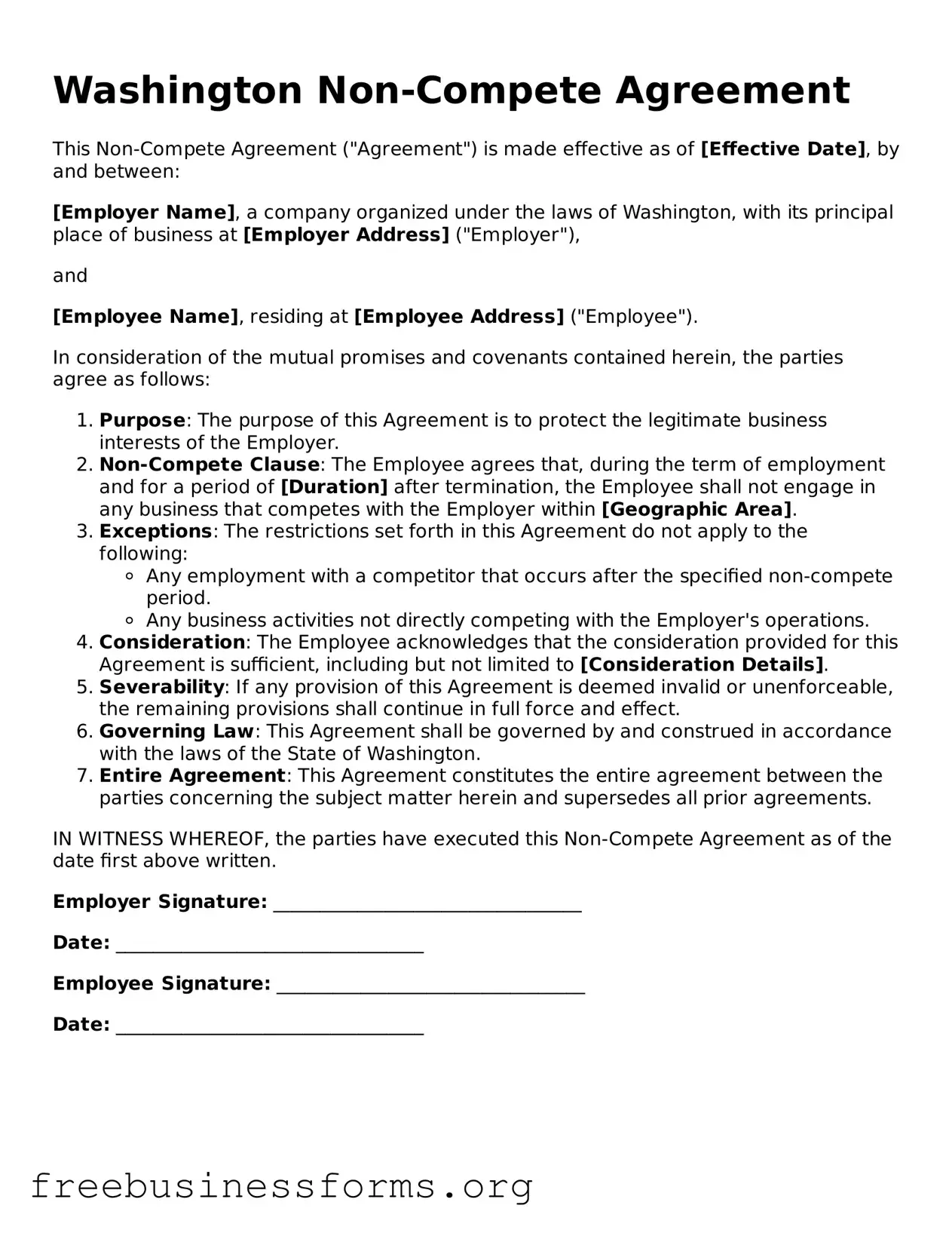 Blank  Non-compete Agreement Template for Washington